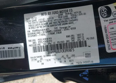 2012 Ford Fusion Sel из США, поврежденный, VIN 3FAHP0JG1CR395875